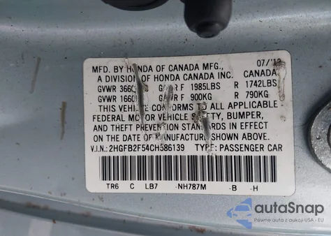 2012 Honda Civic Lx from USA, damaged, VIN 2HGFB2F54CH586139